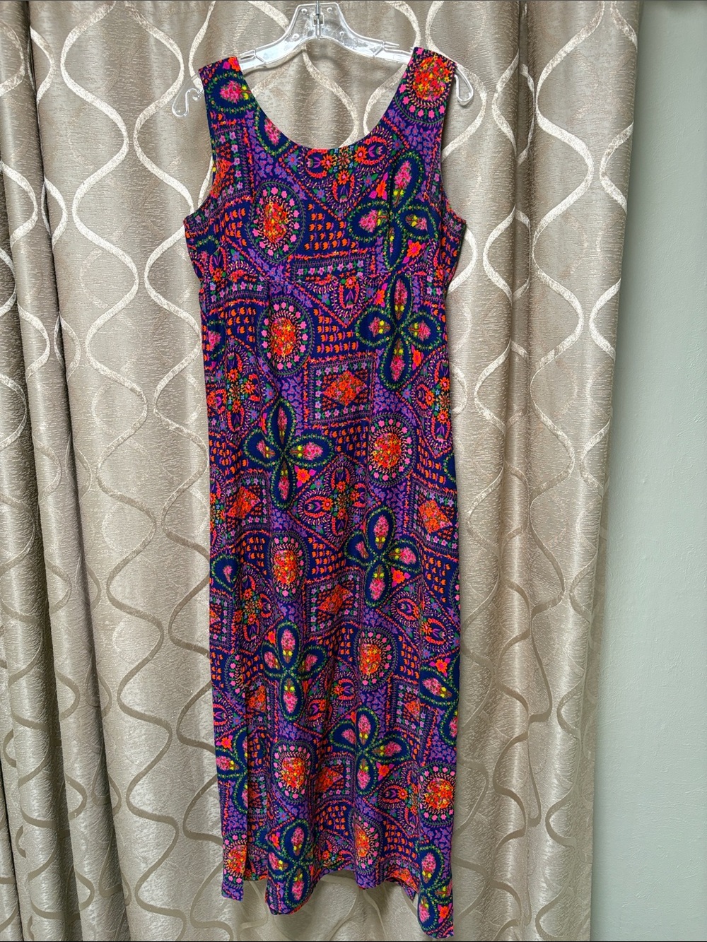 70’s Handmade Sleeveless Purple Boho Maxi Dress Multicolour Era Motif